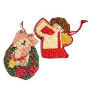 Christmas Ornaments Needlepoint Set Of Two Angel And Reindeer